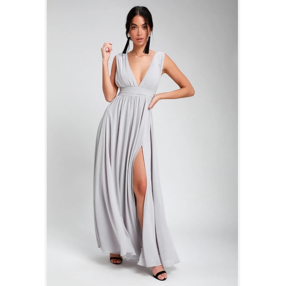 Lulus Gray Evening Prom Gown Side Slit Deep Plunge XS Heavenly Hues Light Grey